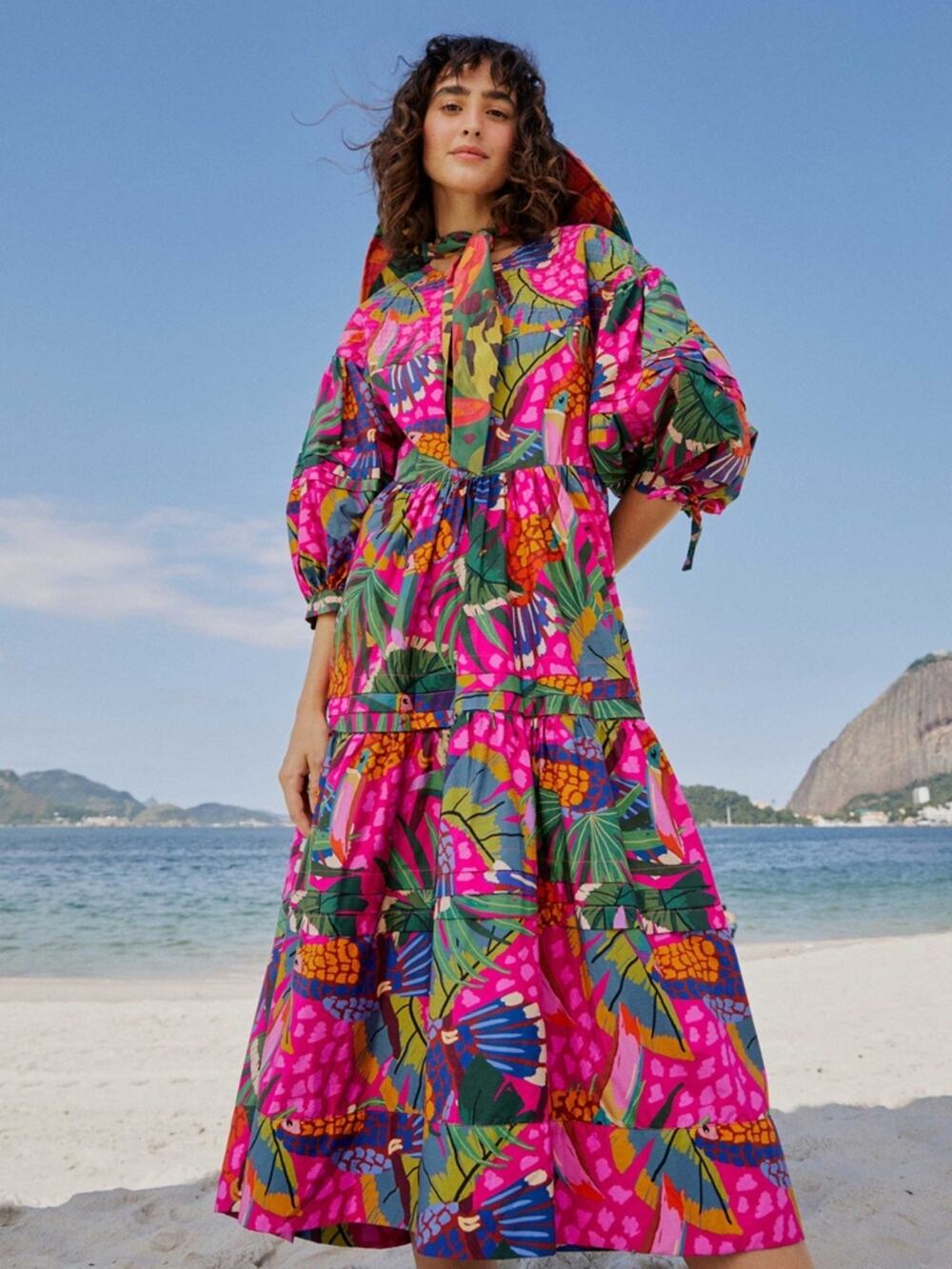 Farm Rio Painted Toucans Tiered Tropical Dress